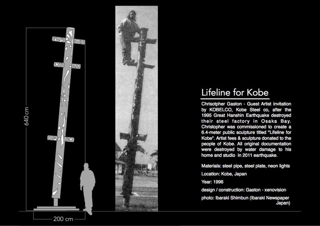 Lifeline for Kobe - Guest Artist invitation by KOBELCO, Kobe Steel company after the 1995 Great Hanshin Earthquake destroyed their steel factory in Osaka Bay. Commissioned to create a 6.4-meter public. Artist fees & sculpture donated to the people of Kobe, Japan